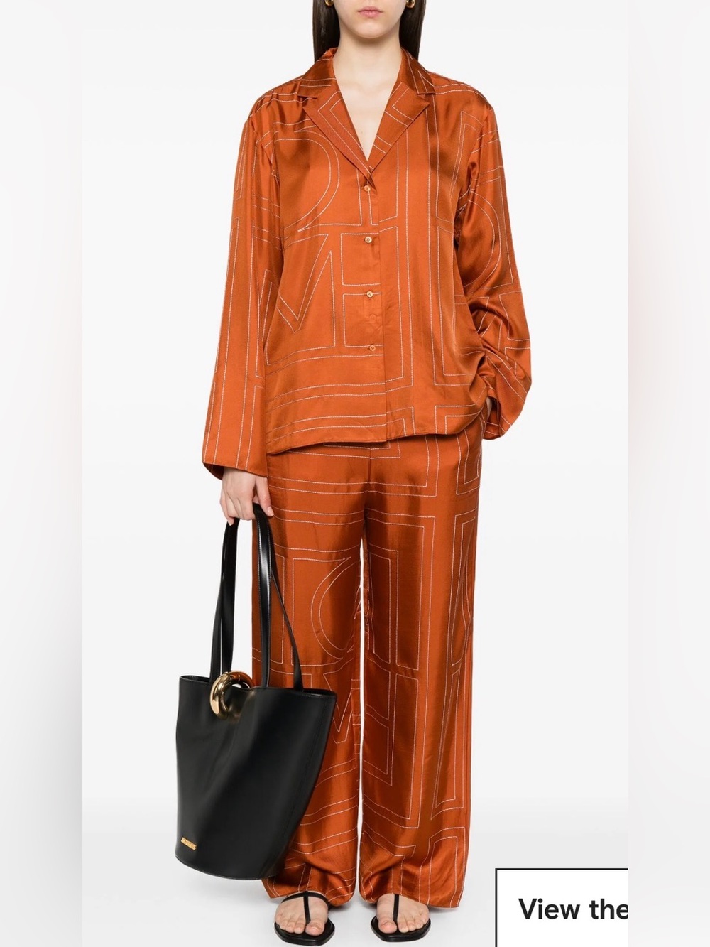 Toteme Set Silk Rust Orange Button-Up Shirt with Geometric Stitching